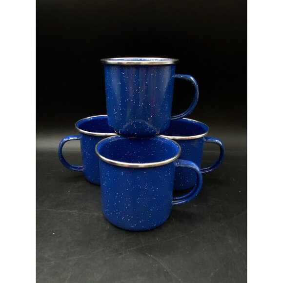 Unbranded Other - Set Of 4 Metal Enamelware Speckled Blue 3.25” Silver Rim Mug Camping 12oz G